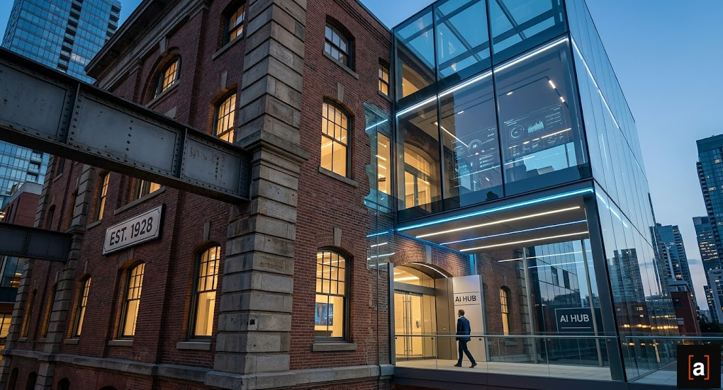 advizor.work — heritage building modernized with a glass extension at dusk, evoking legacy bridged to modern technology